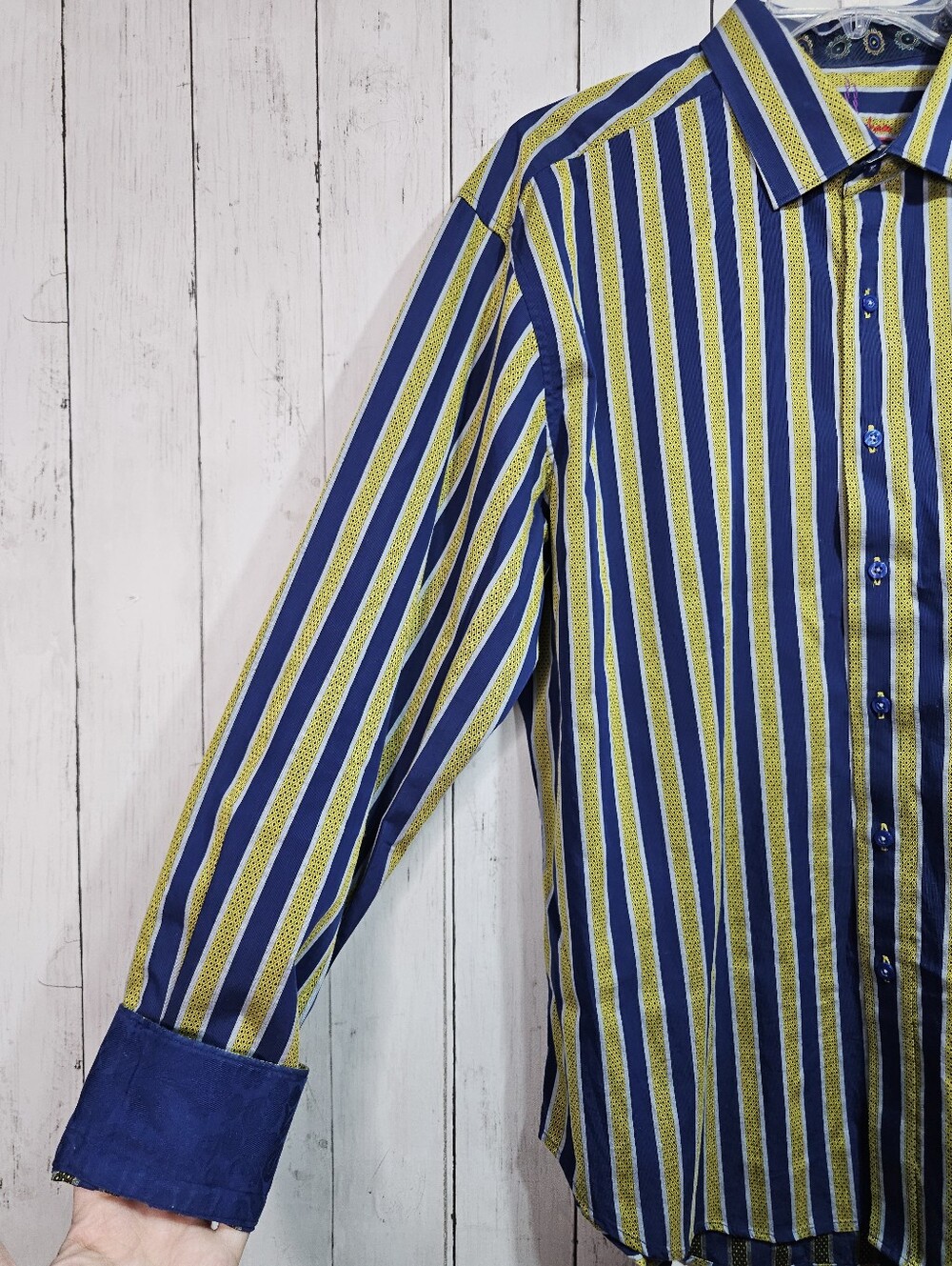 Robert Graham Men's Blue Chartreuse Striped Long-Sleeve Button-Up Shirt Size 2XL - Picture 4 of 12